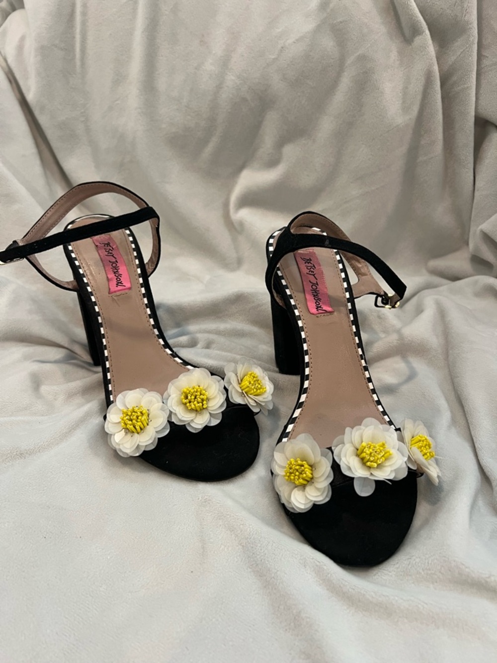 Betsey Johnson Black Floral Strap Block Heels